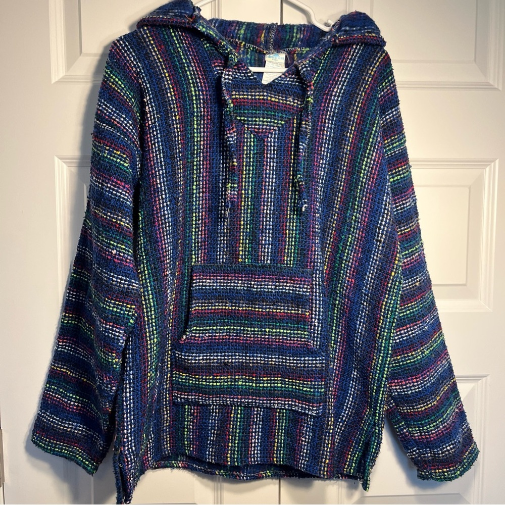 LA MALINCHE Colorful Rainbow TWEED Drug Rug BAJA STYLE Surfer MEXICAN HOODIE L